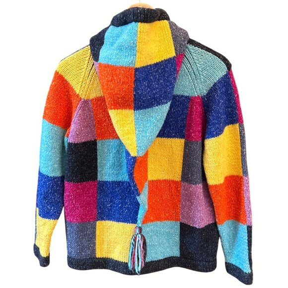 Rainbow Patchwork Hand Knitted Hooded Sweater Dopamine Boho Indie Y2K Full Zip - Picture 3 of 4